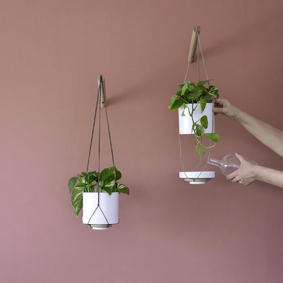 Plant Hanger, Wood Hanging Planter, Modern Macrame, Plant Holder, Grey Macrame Plant Holder,  Minimalist Planter, Boho Home, Indoor Planter, by loopdesignstudio