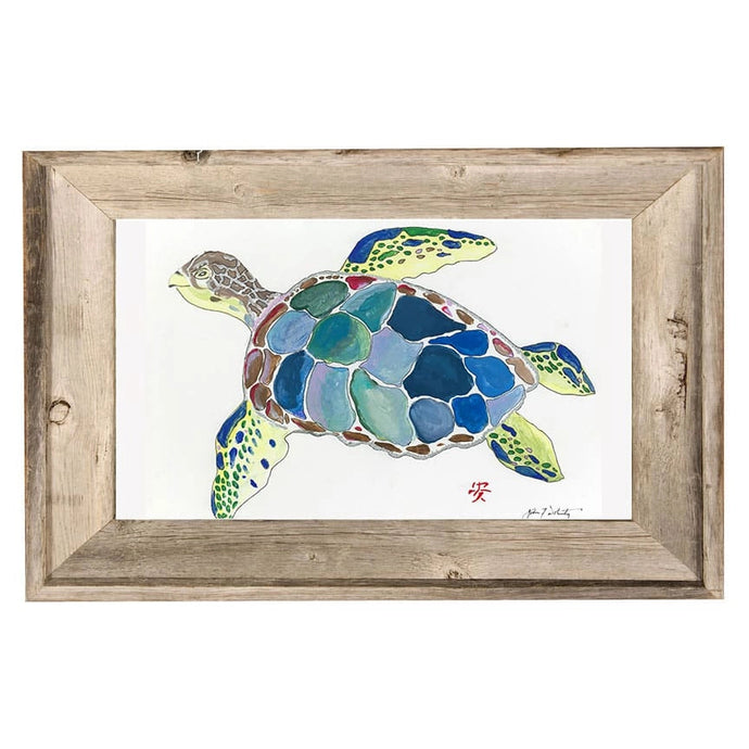 Sea Turtle Framed Print in Rustic Weathered Wood Frame - 9-in