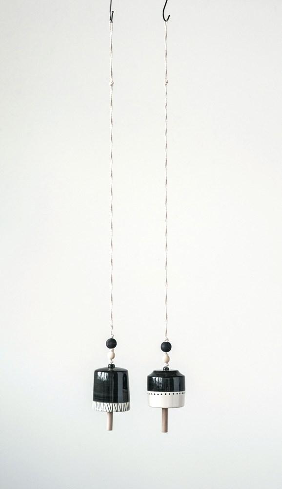Hand-Painted Stoneware Bell on Rope Hanger, Black & White,  9-1/4"H