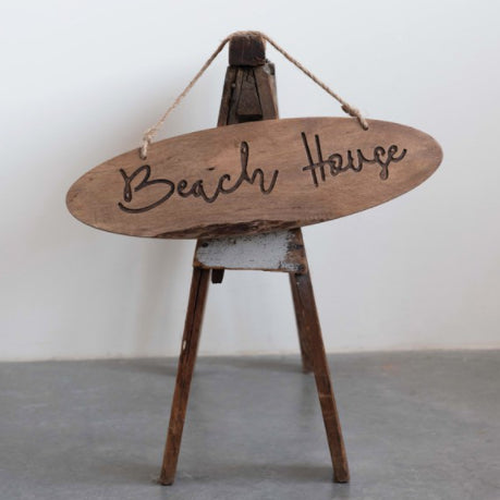 "Beach House" Wood-Burned Wall Sign with Jute Hanger - 20-in.