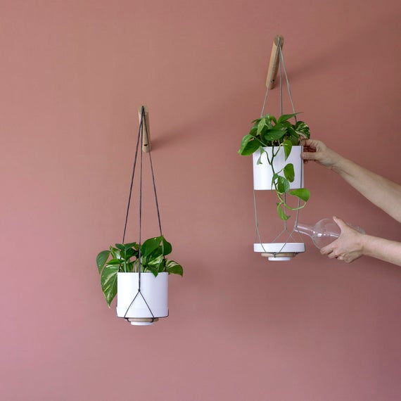 Plant Hanger, Wood Hanging Planter, Modern Macrame, Plant Holder, Grey Macrame Plant Holder  Minimalist Planter, Boho Home, Indoor Planter A by loopdesignstudio