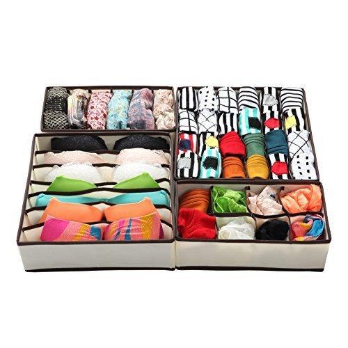 Cheap finnhomy foldable storage closet fabric organizer collect storage under bed organizer drawer divider bins box wardrobe cube set of 4 folding space saving for socks clothing underwear bra beige