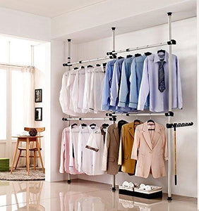 Latest goldcart gc552222 portable indoor garment rack coat hanger clothes wardrobe height 160 320cm width 120 220cm adjustable grey close to white pipes and black brackets 2 count