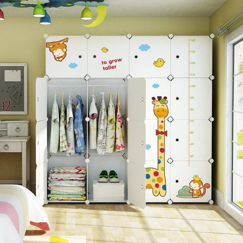 Storage organizer kousi kids dresser kids closet portable closet wardrobe children bedroom armoire clothes storage cube organizer white with cute animal door safety large sturdy 10 cubes 2 hanging sections