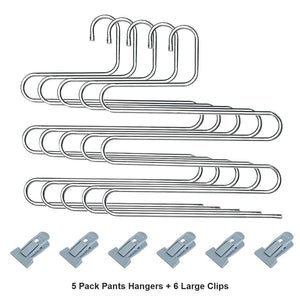 HonTop 5 Pack S-Type Multi-Purpose Pants Hangers Rack Stainless Steel Magic for Hanging Trousers Jeans Scarf Tie Clothes,Space Saving Storage Rack 5 Layers (5PCS)