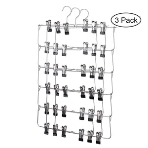 6-Tier Skirt Hangers,STAR-FLY Space Saving Pants Hangers Sturdy Multi-Purpose Stainless Steel Pants Jeans Slack Skirt Hangers with Clips Non-Slip Closet Storage Organizer（3pcs）