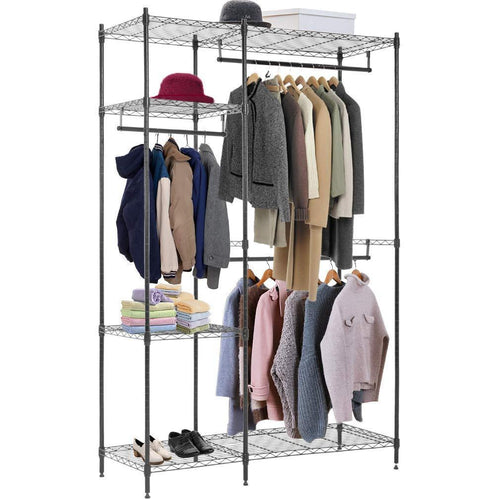 Amazon best hanging closet organizer and storage heavy duty clothes rack sturdy 3 rod garment rack large with wire shelving height adjustable commercial grade metal clothes stand rack for bedroom cloakroom black