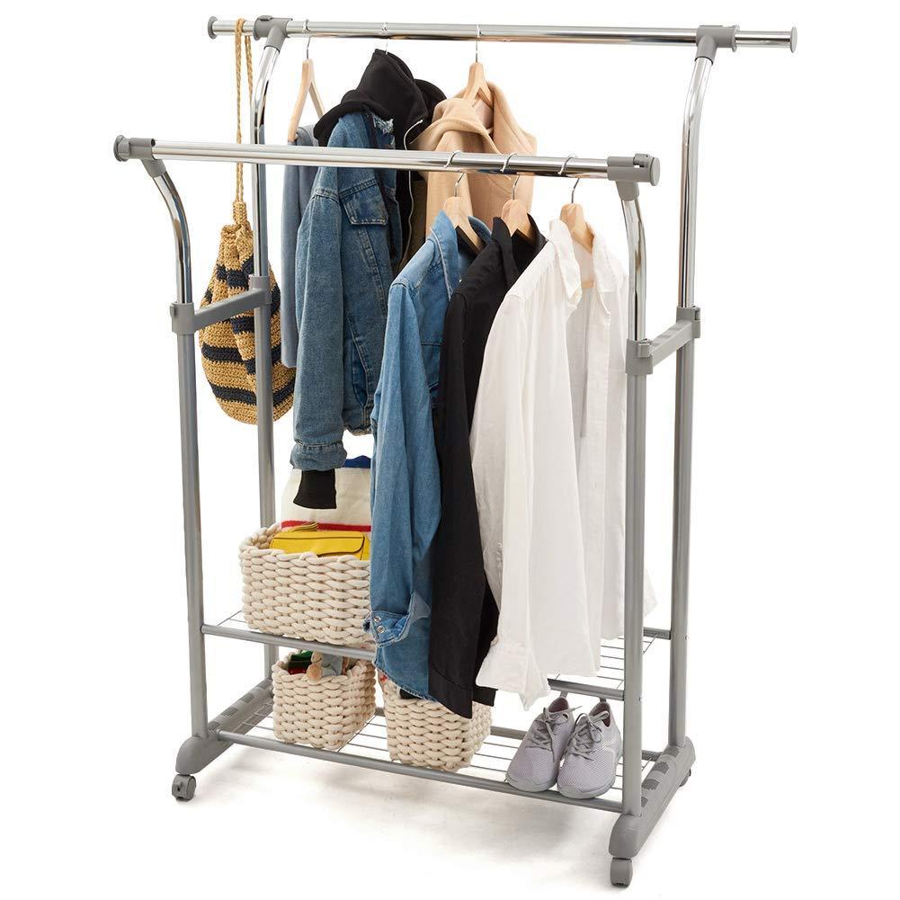 Purchase ezoware heavy duty clothes rack dual bar commercial grade garment coat clothes closet organizer hanging rack with 2 tier bottom shelves for balcony boutiques bedroom chrome finish