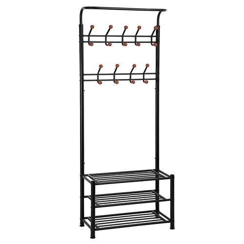 Budget finefurniture entryway coat and shoe rack with 18 hooks and 3 tier shelves fashion garment rack bag clothes umbrella and hat rack with hanger bar