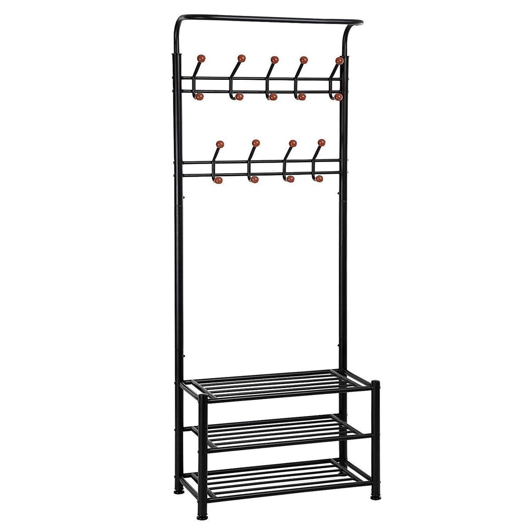 Budget finefurniture entryway coat and shoe rack with 18 hooks and 3 tier shelves fashion garment rack bag clothes umbrella and hat rack with hanger bar