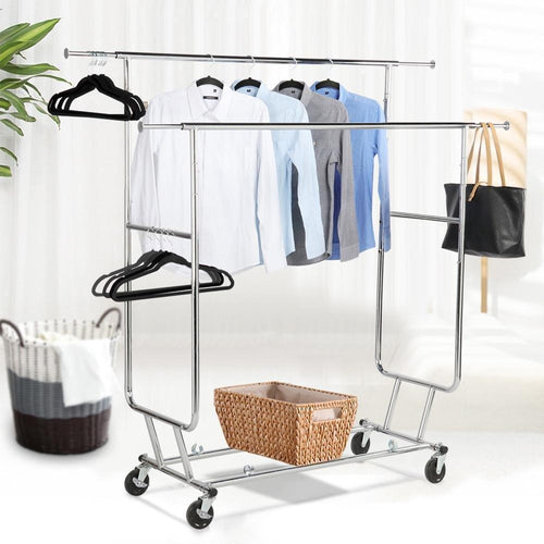 Shop topeakmart commercial grade adjustable double rail clothing hanging rack on wheels rolling garment rack drying rack w wheels chrome finish