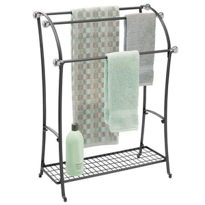 Buy now mdesign large freestanding towel rack holder with storage shelf 3 tier metal organizer for bath hand towels washcloths bathroom accessories black brushed steel