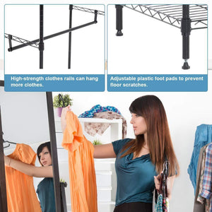 Budget friendly hanging closet organizer and storage heavy duty clothes rack sturdy 3 rod garment rack large with wire shelving height adjustable commercial grade metal clothes stand rack for bedroom cloakroom black