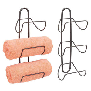 Cheap mdesign modern decorative metal 3 level wall mount towel rack holder and organizer for storage of bathroom towels washcloths hand towels 2 pack bronze