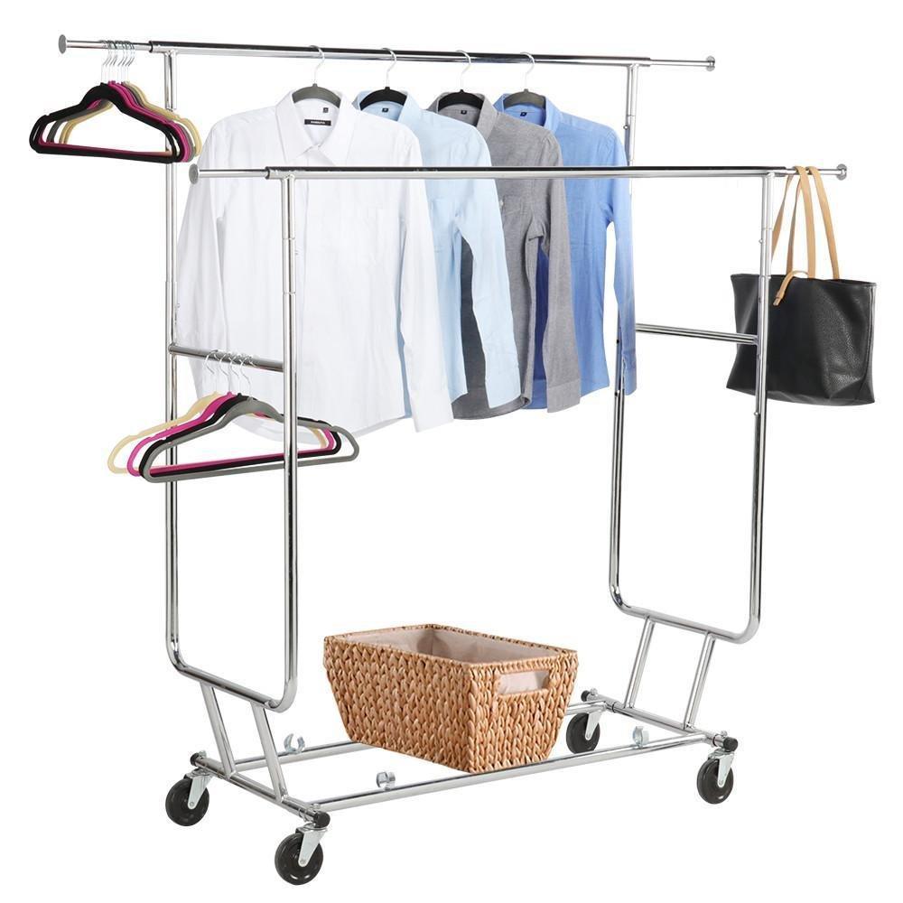 Shop yaheetech commercial grade garment rack rolling collapsible rack hanger holder heavy duty double rail clothes rack extendable clothes hanging rack 2 omni directional casters w brake 250 lb capacity