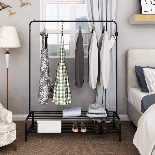 Great clothes rack metal garment racks heavy duty indoor bedroom cool clothing hanger with top rod and lower storage shelf 59 x 60 length x height high storage rack black