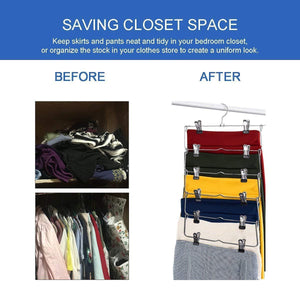 6-Tier Skirt Hangers,STAR-FLY Space Saving Pants Hangers Sturdy Multi-Purpose Stainless Steel Pants Jeans Slack Skirt Hangers with Clips Non-Slip Closet Storage Organizer（3pcs）