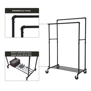 Budget friendly songmics industrial pipe double rail wheels with commercial grade clothing hanging rack organizer for garment storage display black uhsr60b