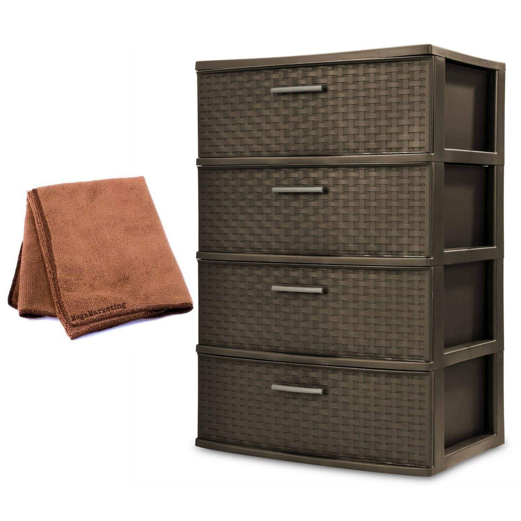 Storage organizer new sterilite 4 drawer wide weave tower plastic storage kitchen or bedroom organizer in espresso with microfiber cleaning cloth